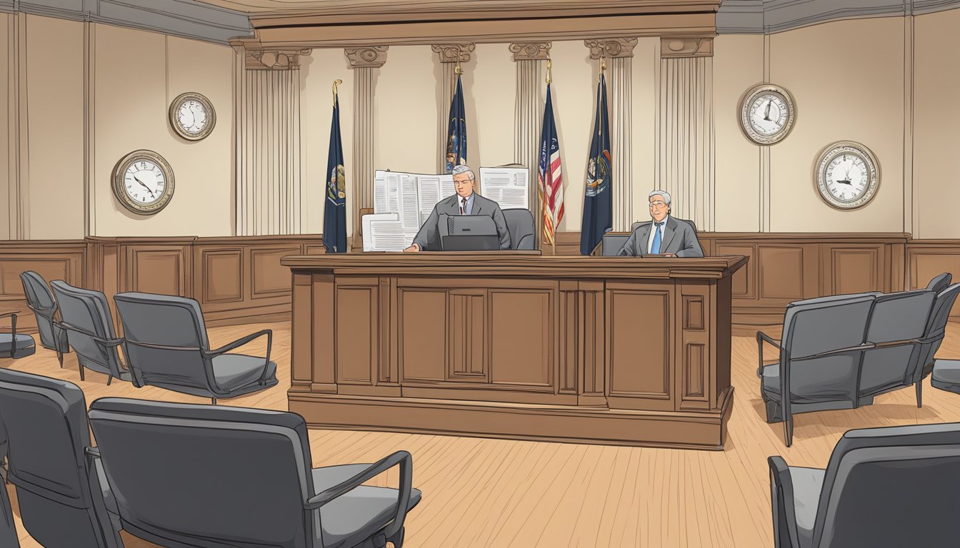A courtroom setting with legal documents and a scale representing compensation. Myths and facts about asbestos displayed on a board