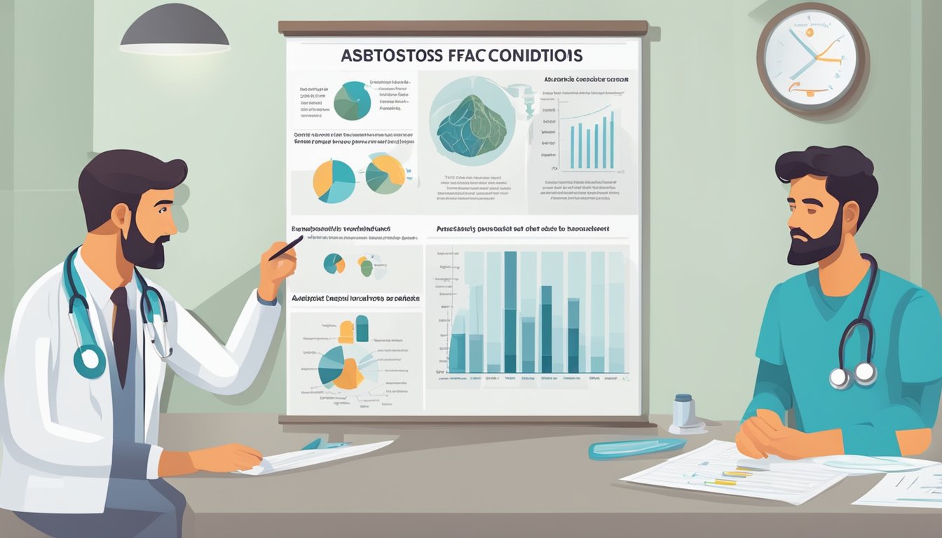 A doctor explaining asbestos-related conditions with myth vs. fact visuals. Charts and diagrams displayed for education and awareness