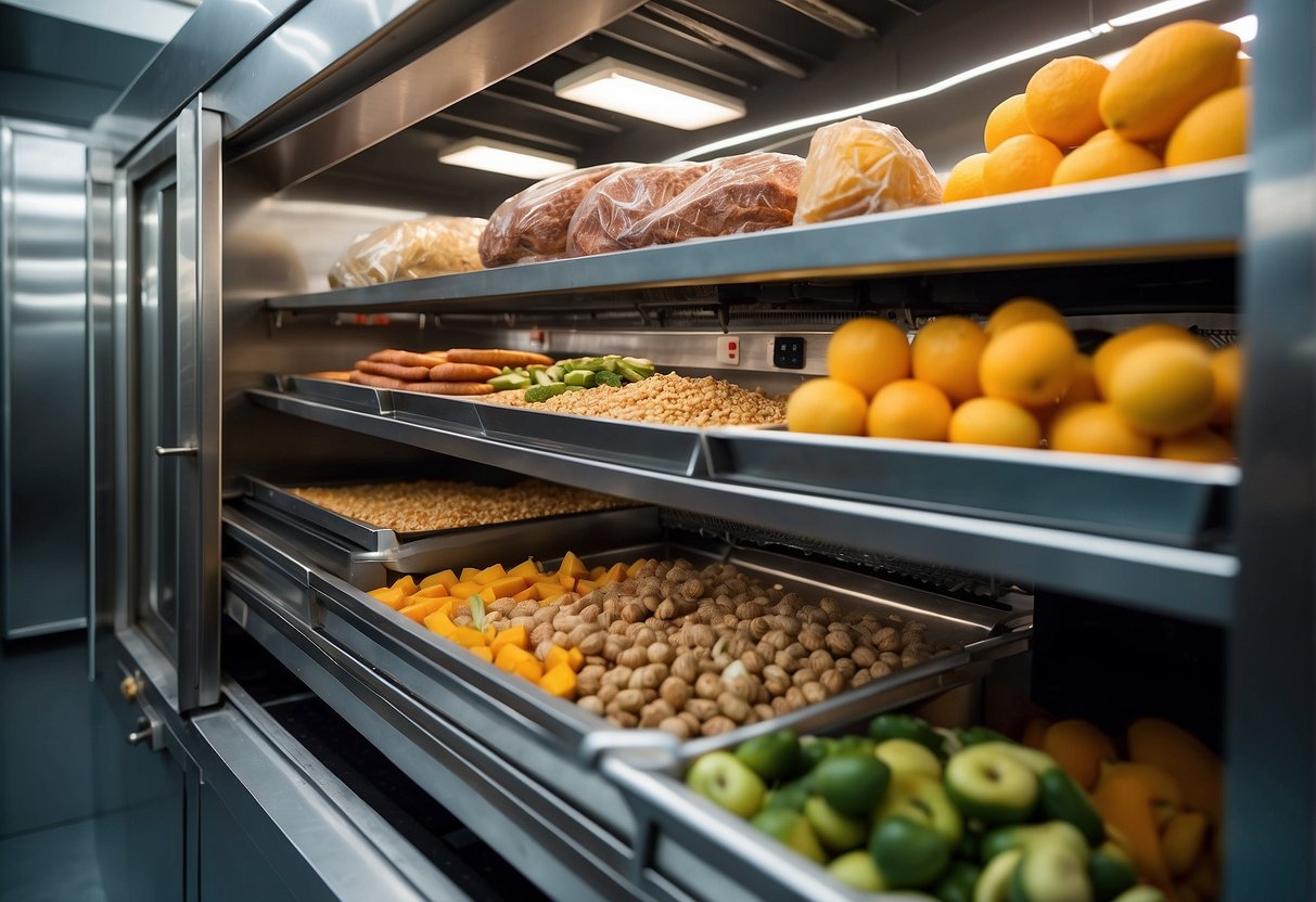 Various types of food, such as fruits, vegetables, and meats, are placed on trays inside a large freeze-drying machine. The machine's doors are closed, and the process of freeze-drying begins