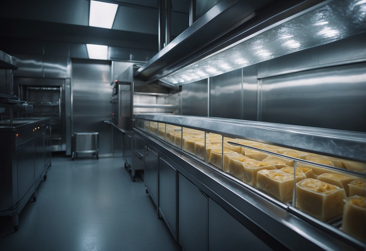 A machine freeze dries food in a sterile, controlled environment. The process involves freezing the food and then removing the ice by sublimation