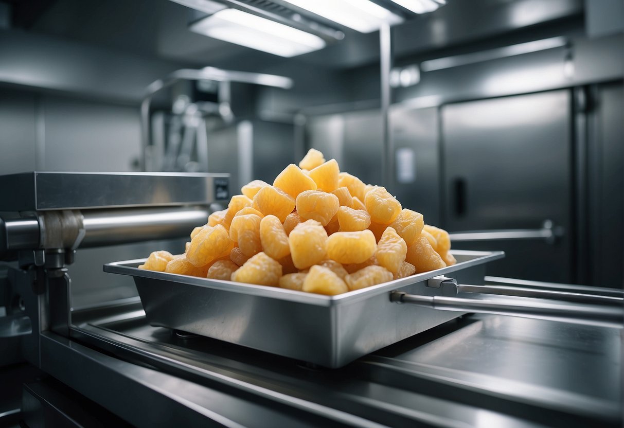 A machine freeze dries food in a sterile, controlled environment, removing moisture without damaging the product's texture or flavor