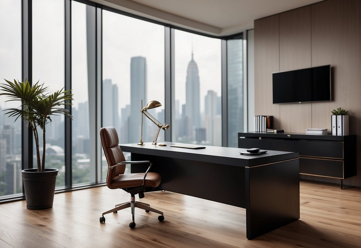 A sleek, modern executive desk with a smooth leather top, clean lines, and minimalistic design