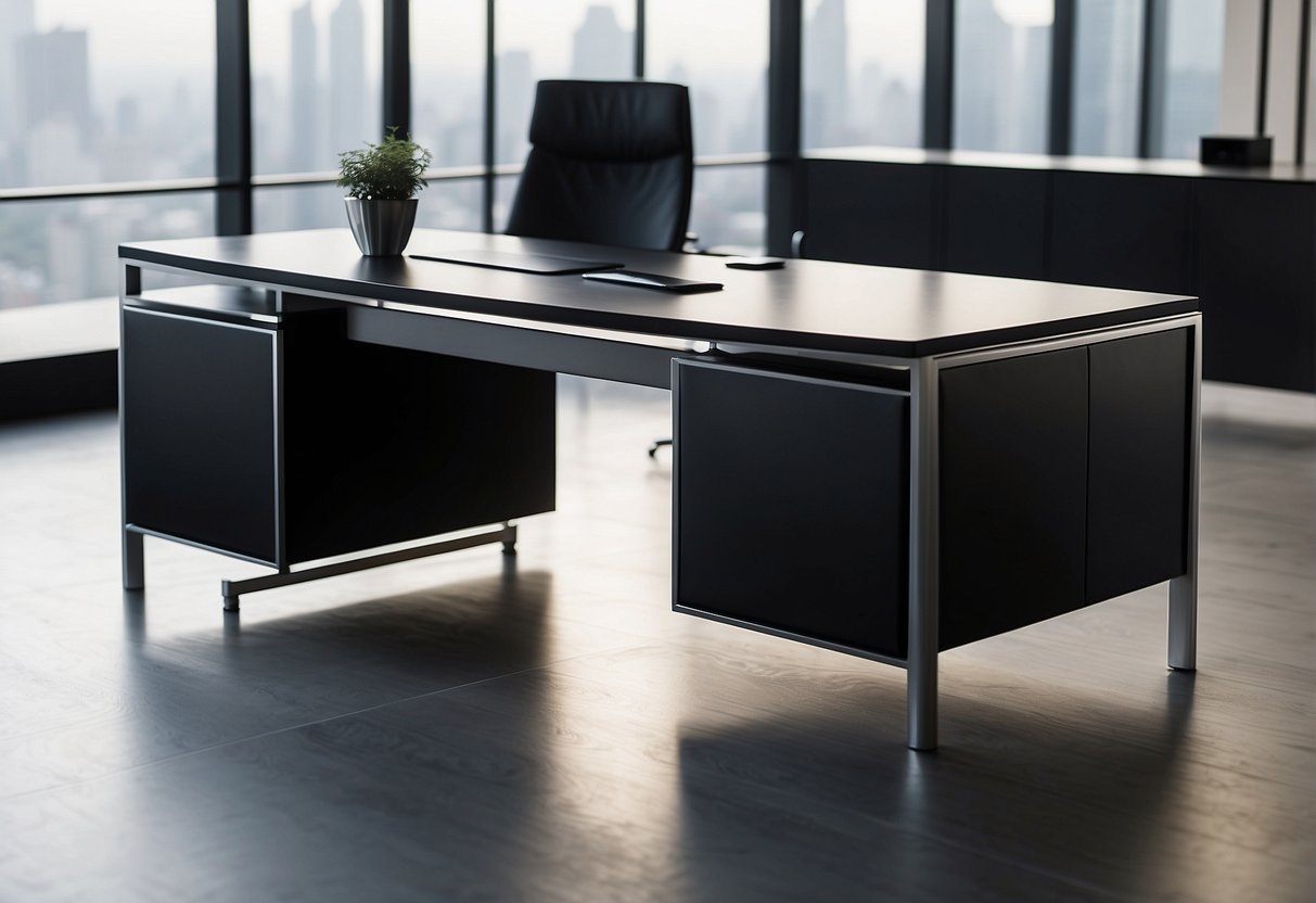 A sleek, minimalist executive desk with a smooth leather top, clean lines, and modern design