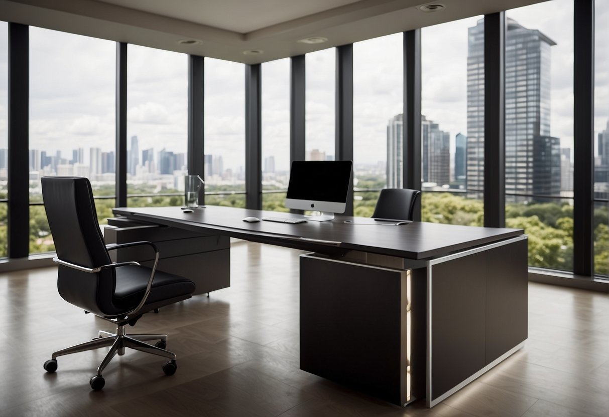 A sleek, modern executive desk with a smooth leather top and high-quality build