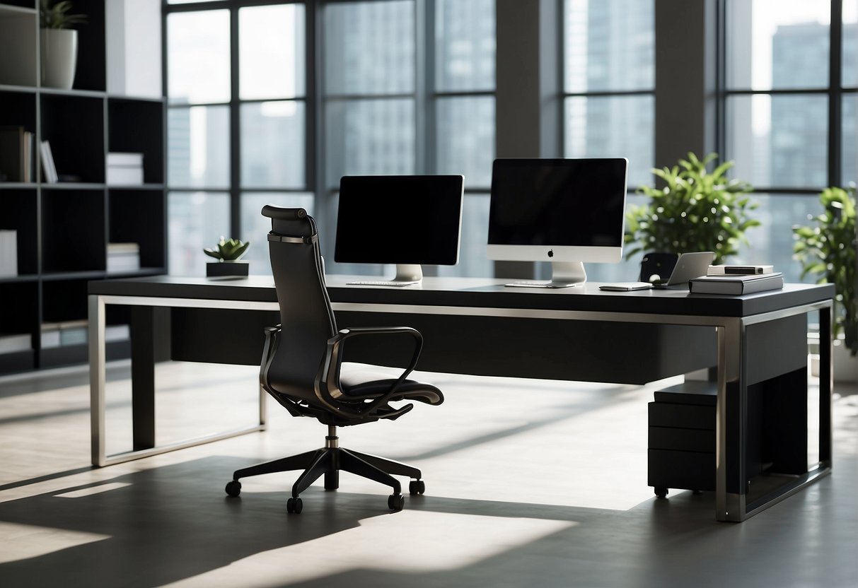 A sleek, modern executive desk with a leather top sits in a sunlit office, surrounded by minimalist decor and clean lines