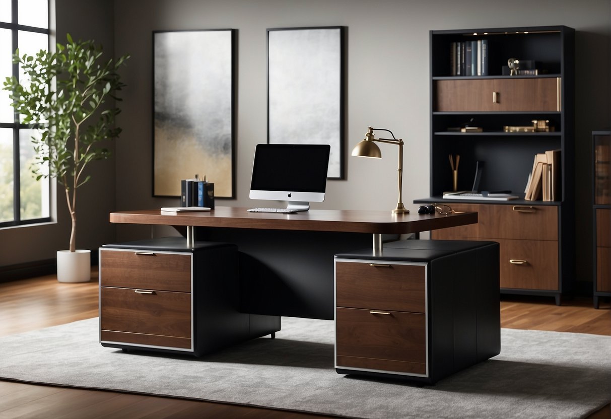 A sleek executive desk with a leather top, featuring built-in storage compartments and functional design