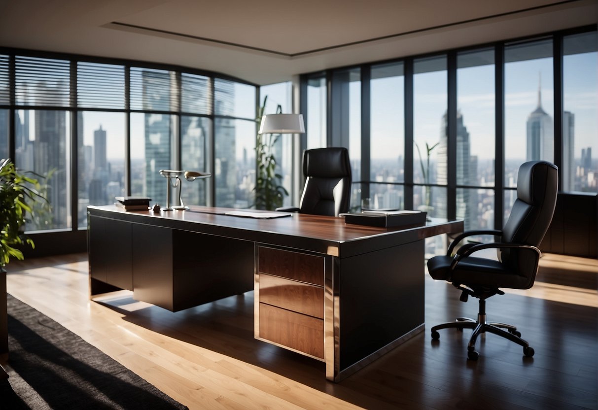 A person selects a modern executive desk with a leather top