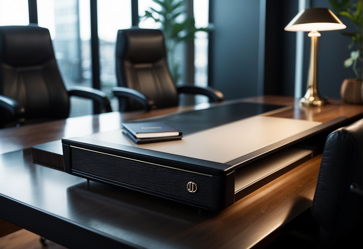 A sleek, modern executive desk with a leather top, adorned with prominent brand and designer recognition
