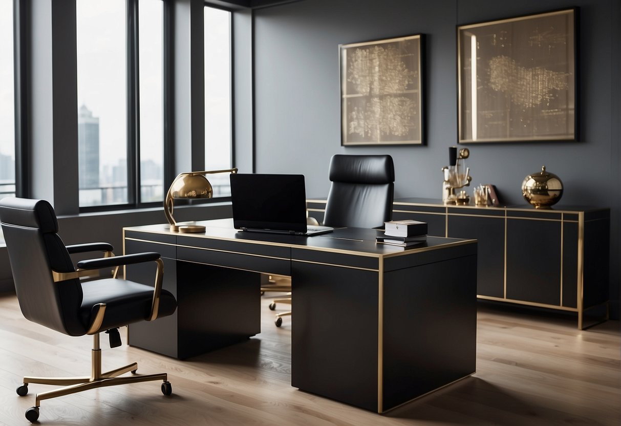 A sleek, modern executive desk with a luxurious leather top, surrounded by minimalist decor and high-end office accessories