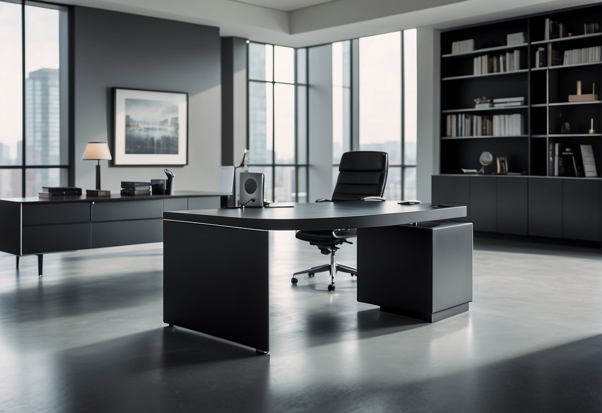 A sleek modern executive desk with a leather top sits in a well-lit, minimalist office space