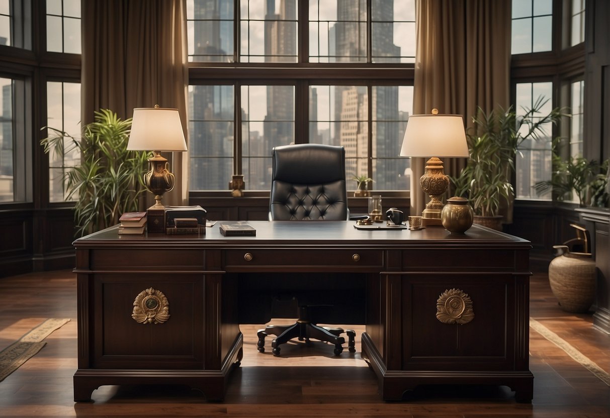 A modern executive desk with a leather top, surrounded by historical artifacts and cultural symbols