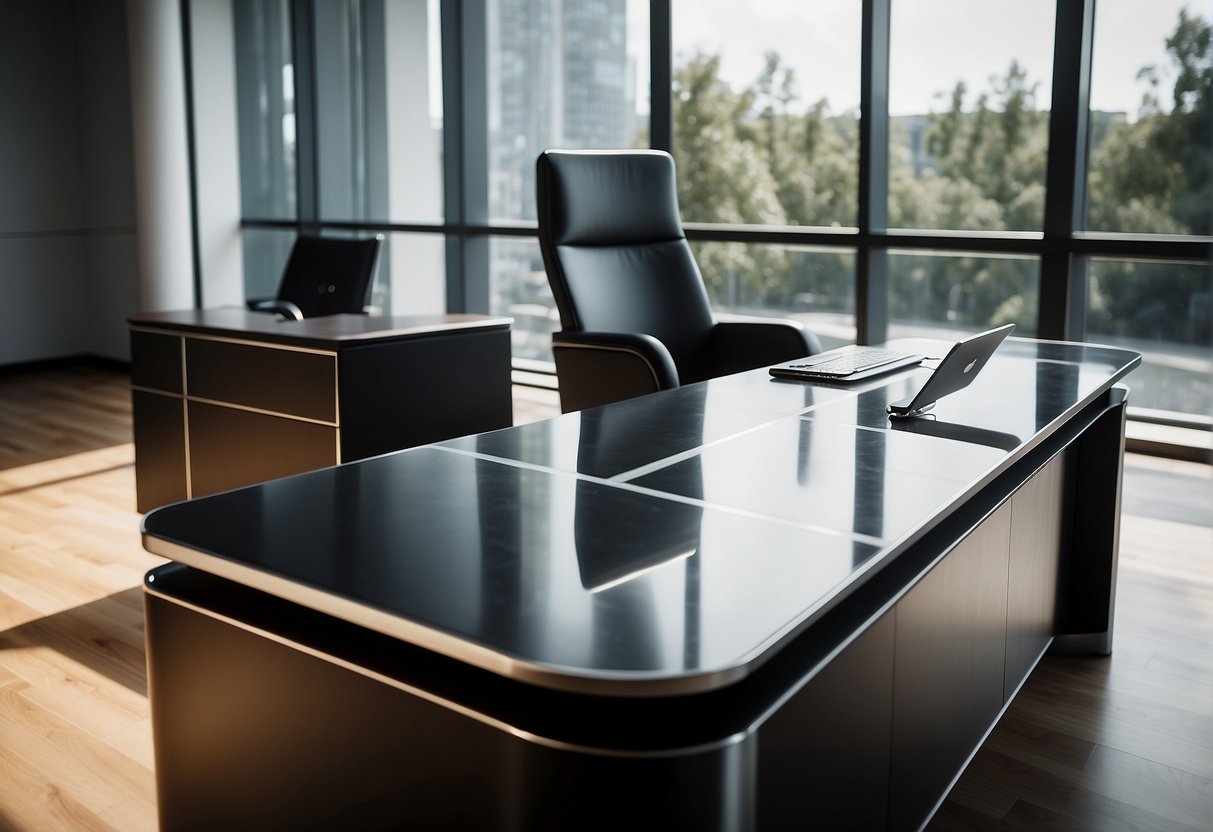 A sleek modern executive desk with a smooth leather top, clean lines, and minimalist design