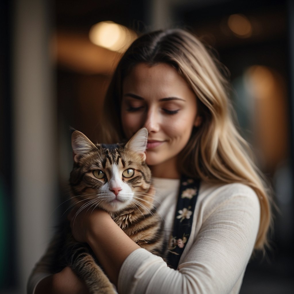 A person holds a cat, their arms cradling the feline close to their chest. The cat looks content, its eyes closed in relaxation. The person's face shows a peaceful expression, reflecting a sense of comfort and companionship