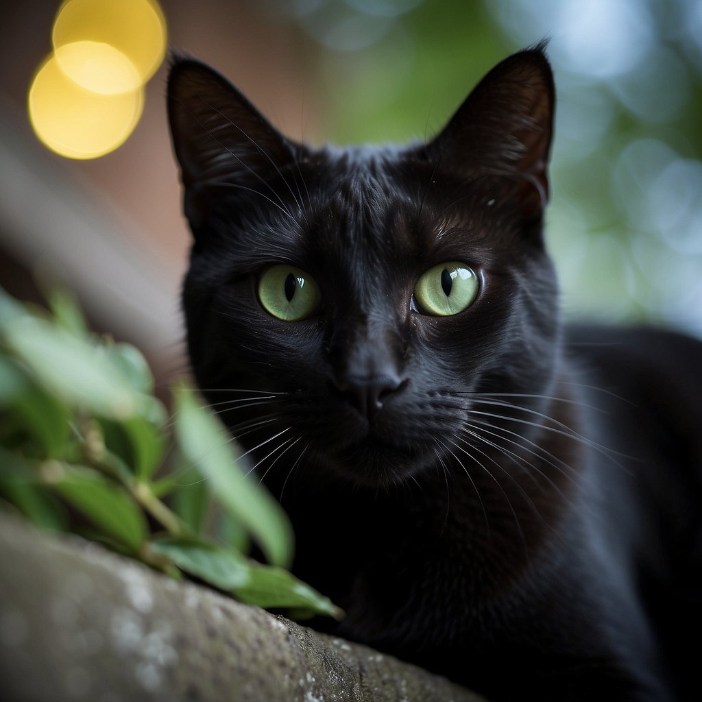 A black cat with piercing green eyes is held high, symbolizing mystery and independence. A tabby cat lounges lazily, representing comfort and companionship
