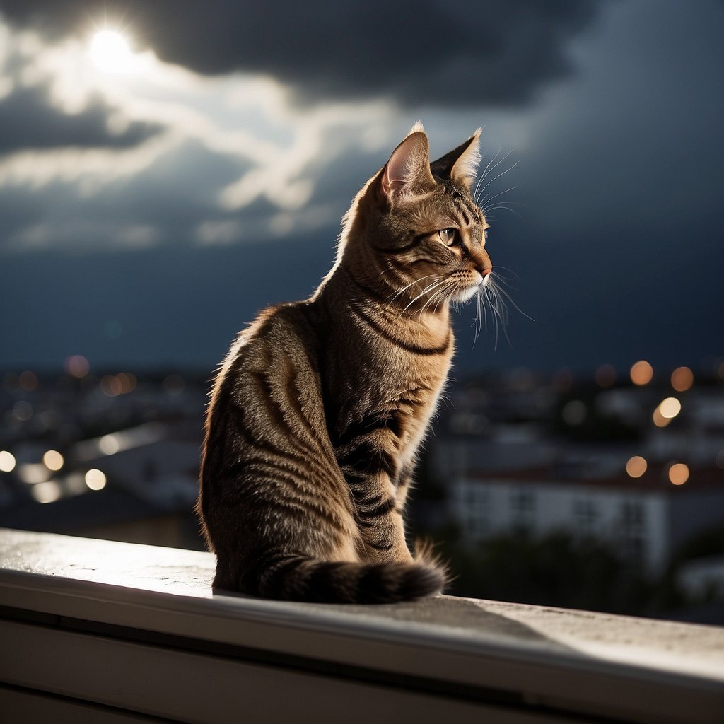 A cat sits calmly on a windowsill, overlooking a stormy sky. Its presence brings comfort and stability to the chaotic environment
