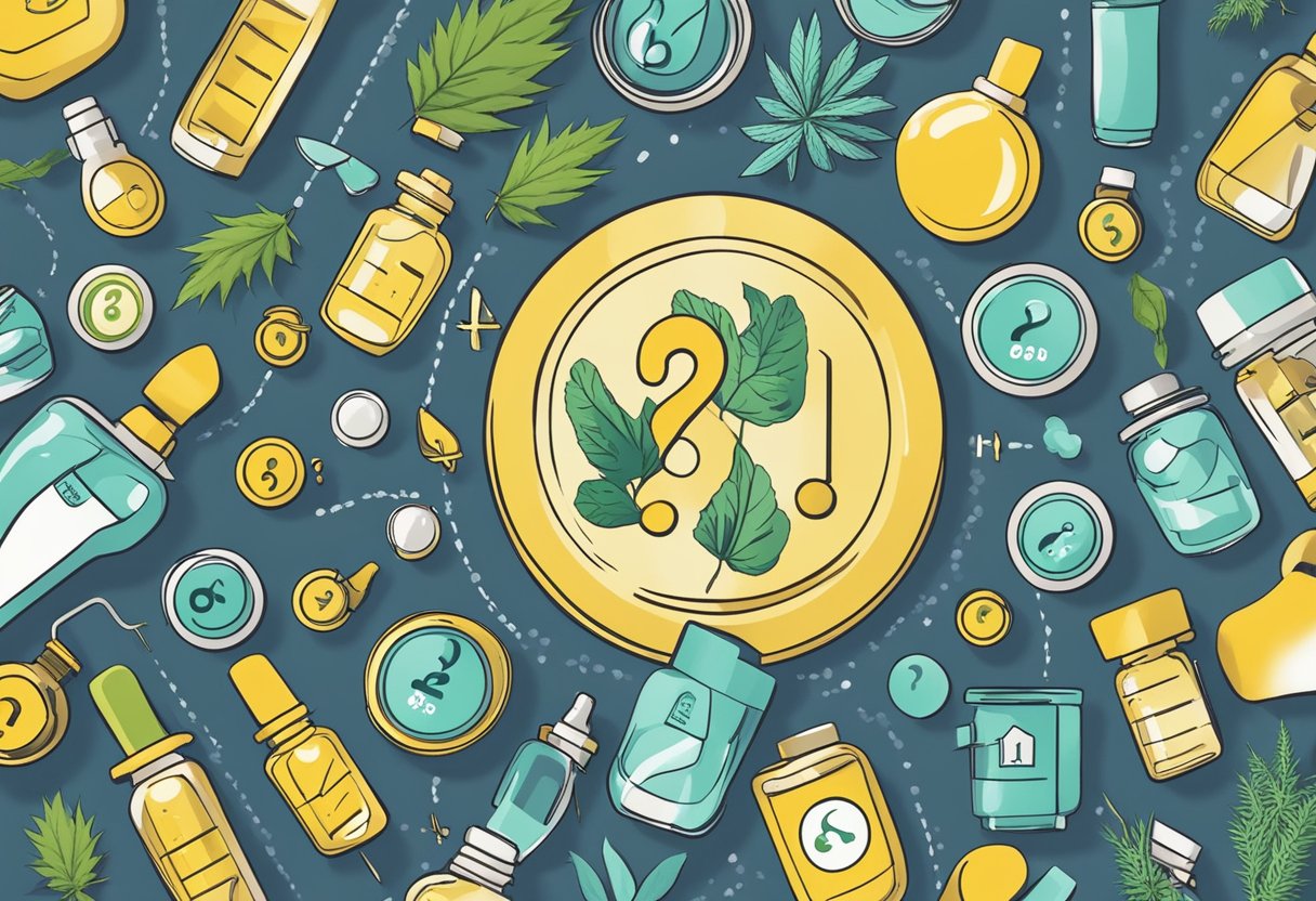 CBD products surrounded by warning symbols and question marks, with a scale showing potential risks and benefits