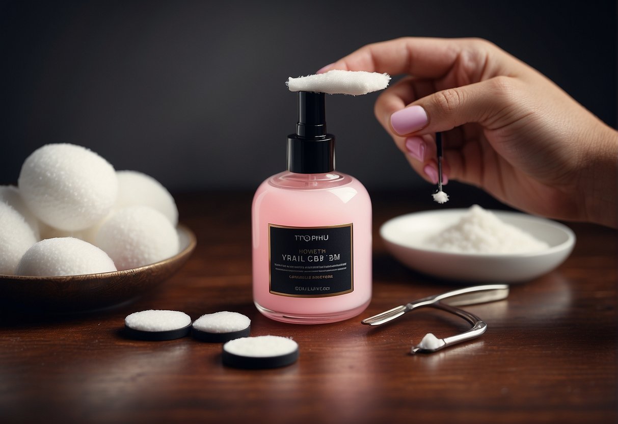A hand holding a bottle of nail polish remover next to a pile of cotton pads and a pair of tweezers. A glamnetic nail is shown being gently lifted and removed from the natural nail