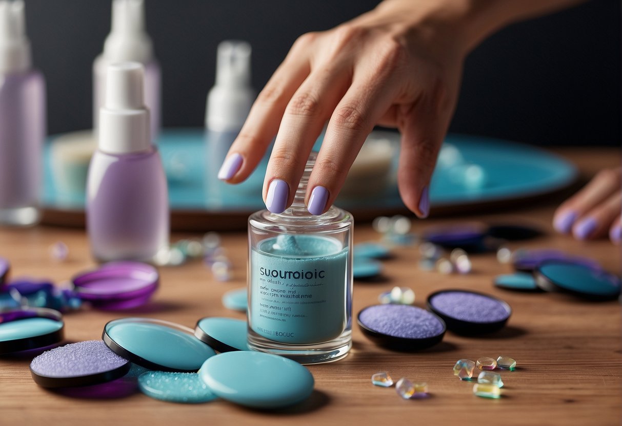 A hand reaches for a bottle of nail polish remover next to a pile of glamnetic nails and a set of instructions