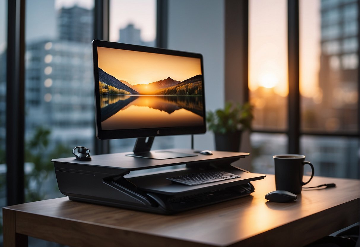 A compact standing desk converter on a clutter-free desk in a small, well-lit room with a window