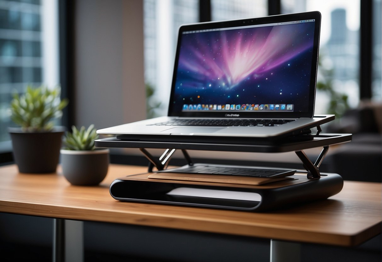 A compact standing desk converter on a clutter-free desk in a small space, with a laptop and a notebook neatly arranged on top