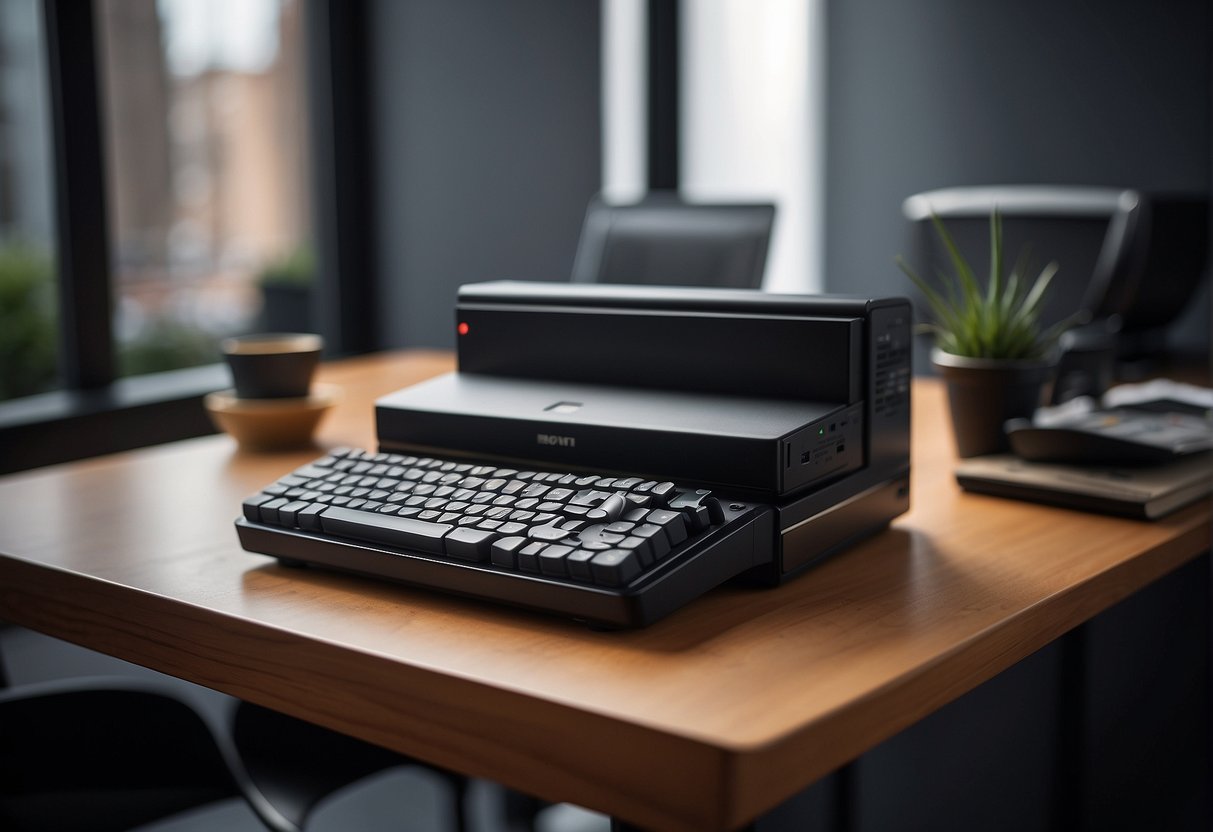 A small desk with a converter attached, placed in a compact space with minimal clutter