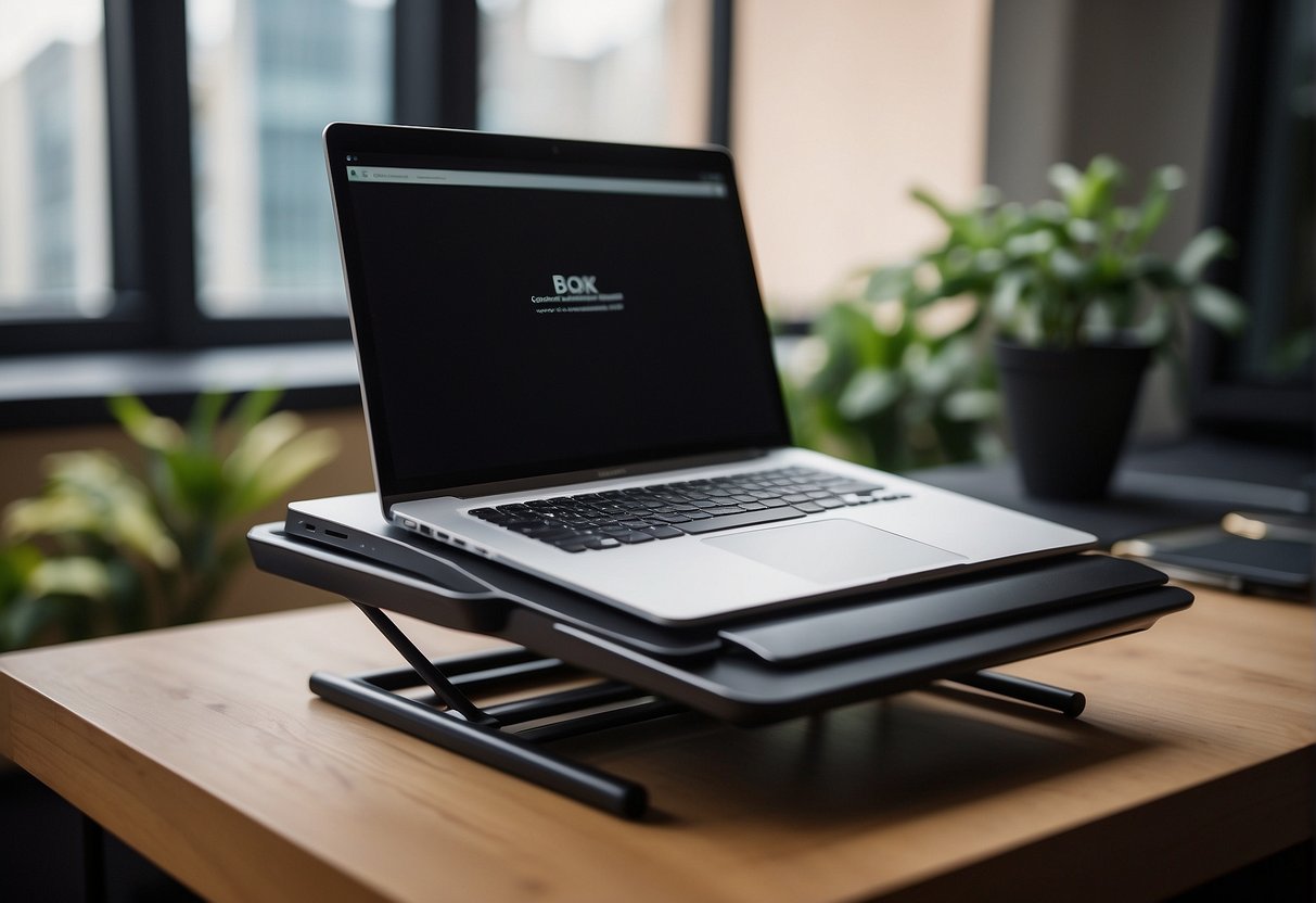 A compact standing desk converter atop a small desk, with a laptop and notebook, surrounded by minimal clutter