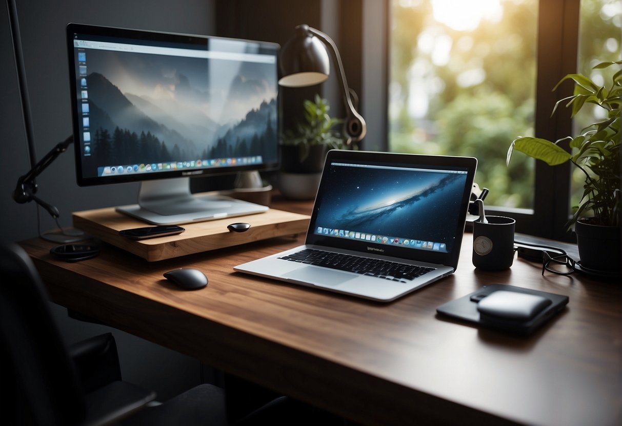 A small desk with a converter attached, positioned at a comfortable height for standing. Laptop and other work items neatly arranged on the surface