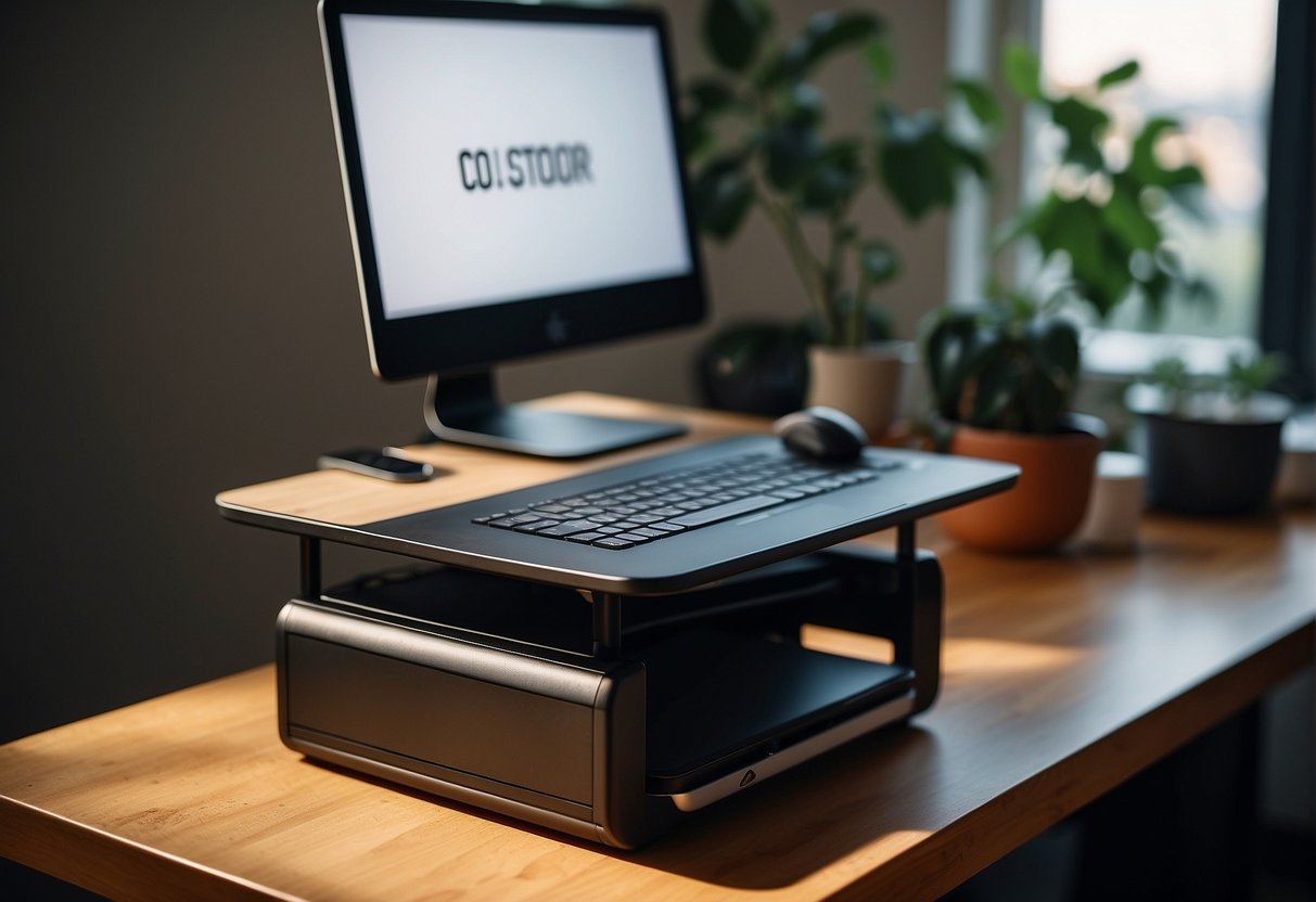 A compact standing desk converter on a clutter-free desk in a cozy, well-lit corner of a room