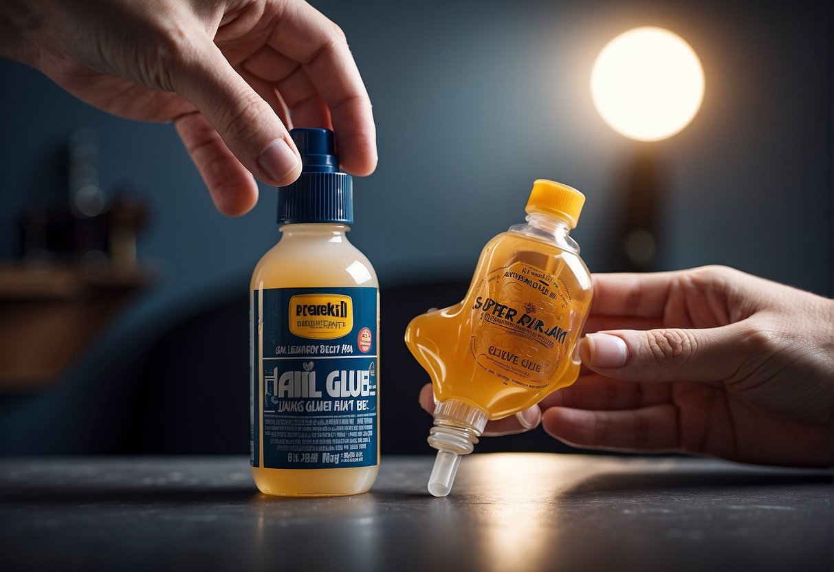 A hand holding a bottle of super glue next to a bottle of nail glue, with a question mark above it