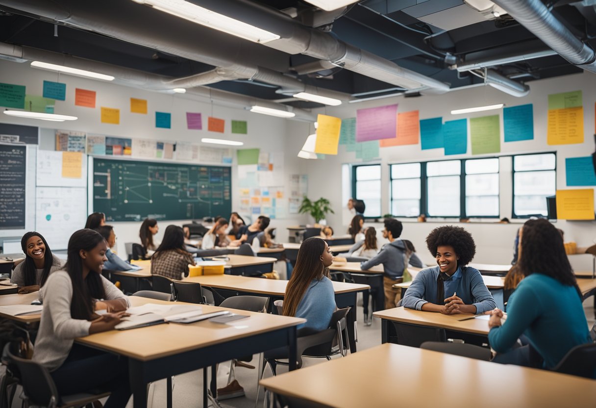 A vibrant classroom with diverse students engaged in hands-on activities, surrounded by posters and diagrams from MIT, Stanford, Insead, and the Disney University