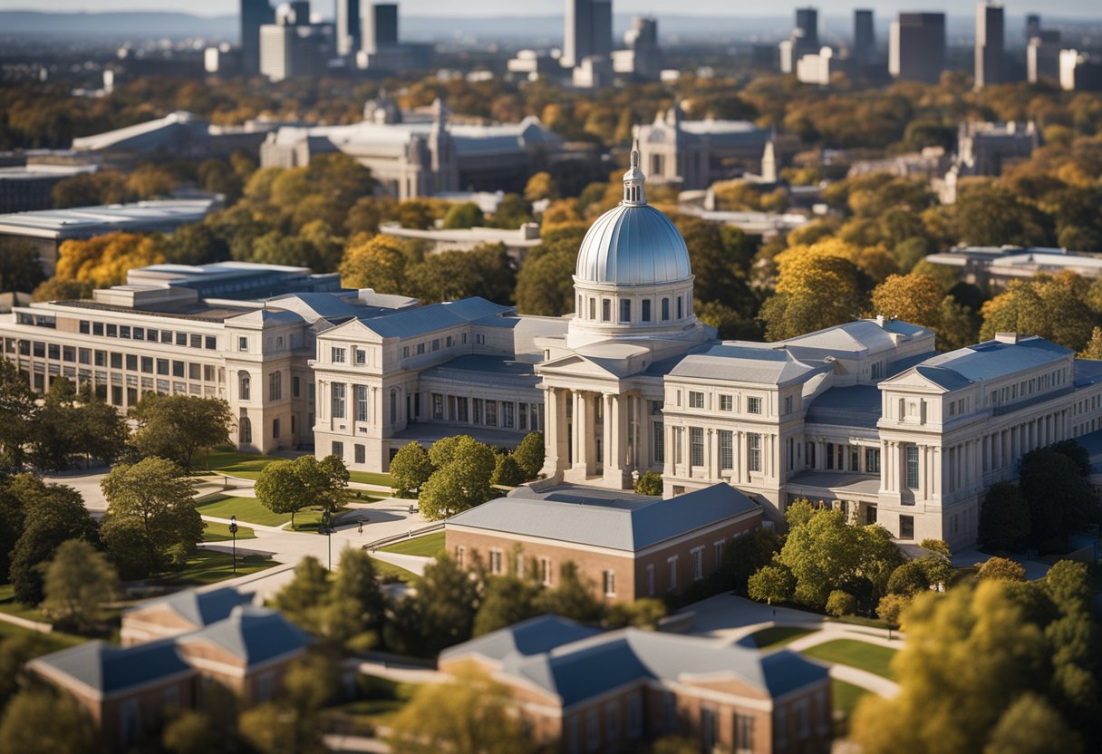 A group of iconic university buildings, including MIT, Stanford, Insead, and Disney University, are depicted in a dynamic and innovative setting