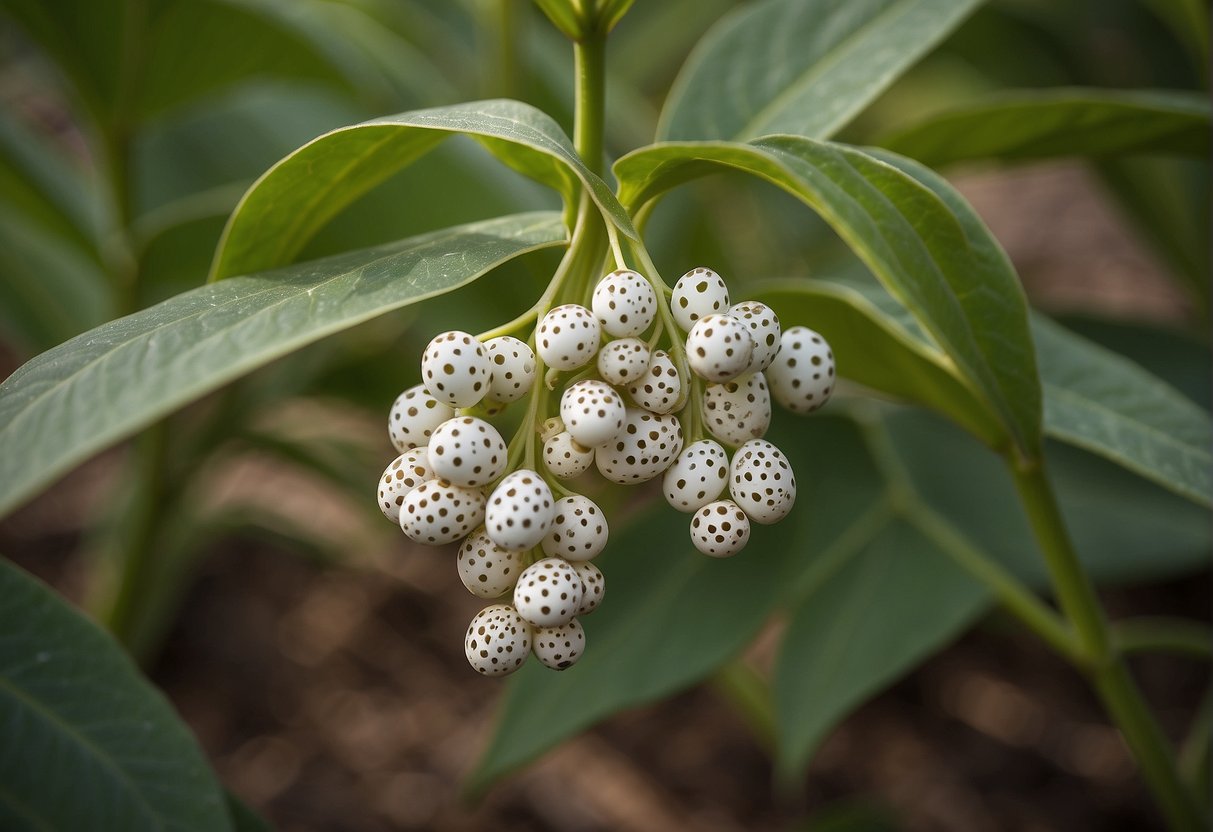 Butterfly eggs on milkweed: small, pale, and cylindrical, attached to the underside of leaves in clusters