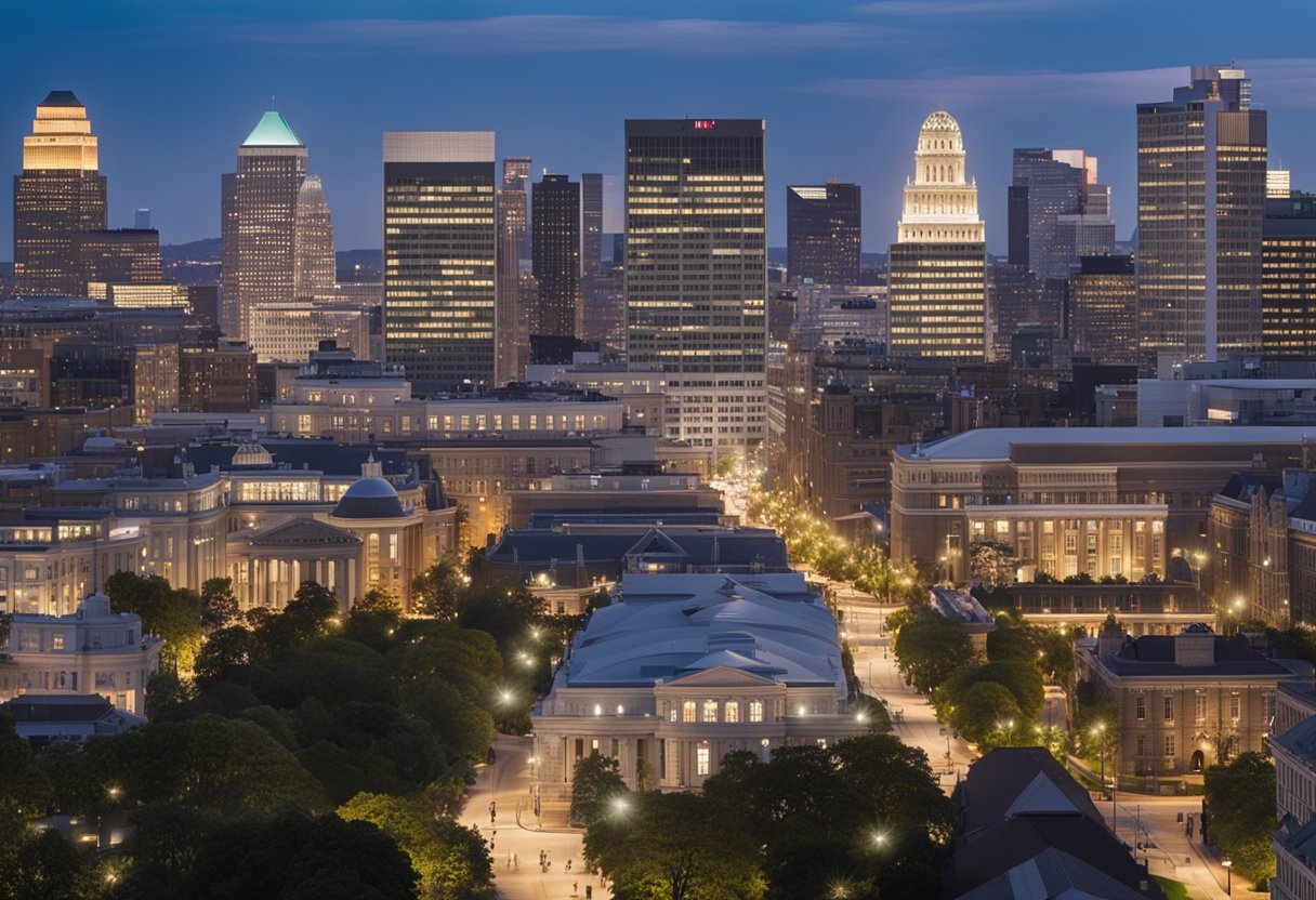 A bustling city skyline with iconic buildings from MIT, Stanford, Insead, and Disney University, showcasing innovation and strategic management