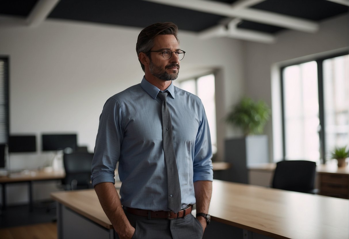 A person standing at a desk, with a straight posture and a relaxed expression, feeling relief from back pain