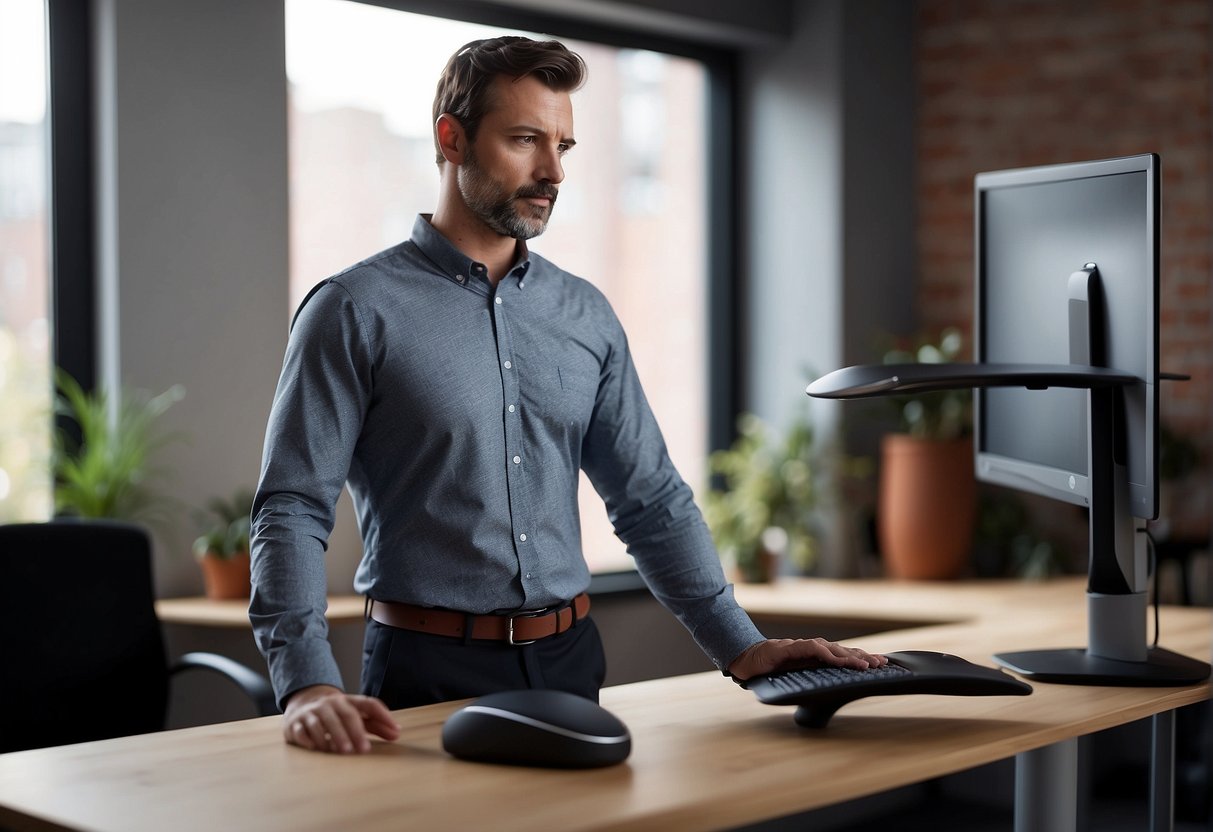 A person stands comfortably at a standing desk, with proper posture and a relaxed back. The desk is at a suitable height, allowing the individual to work without straining their back