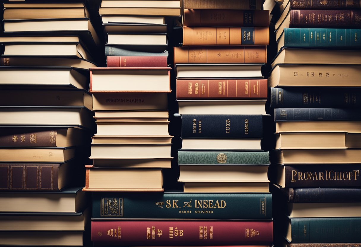 A stack of books from MIT, Stanford, Insead, and Disney with a spotlight shining on them