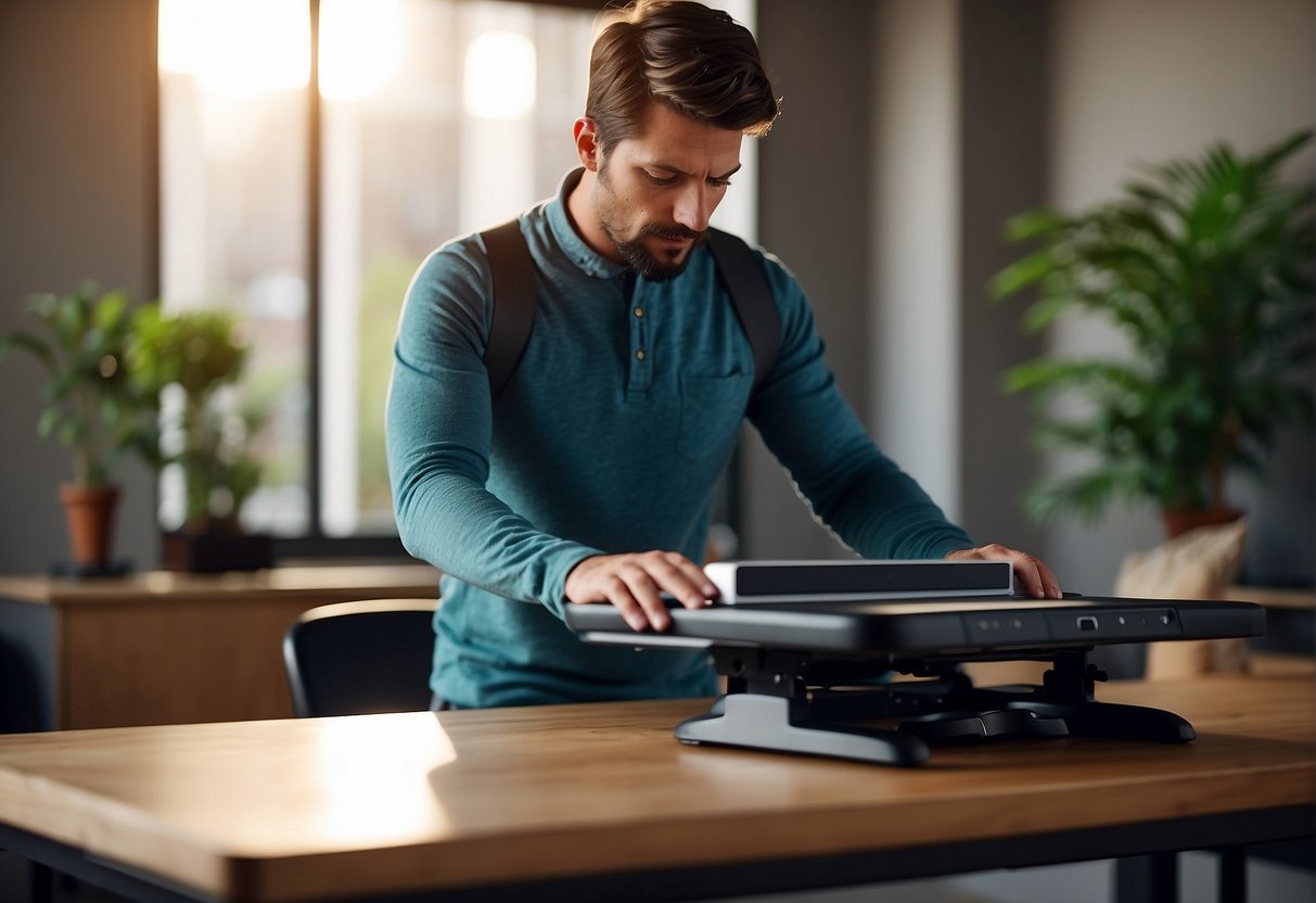 A person using a standing desk, relieving back pain