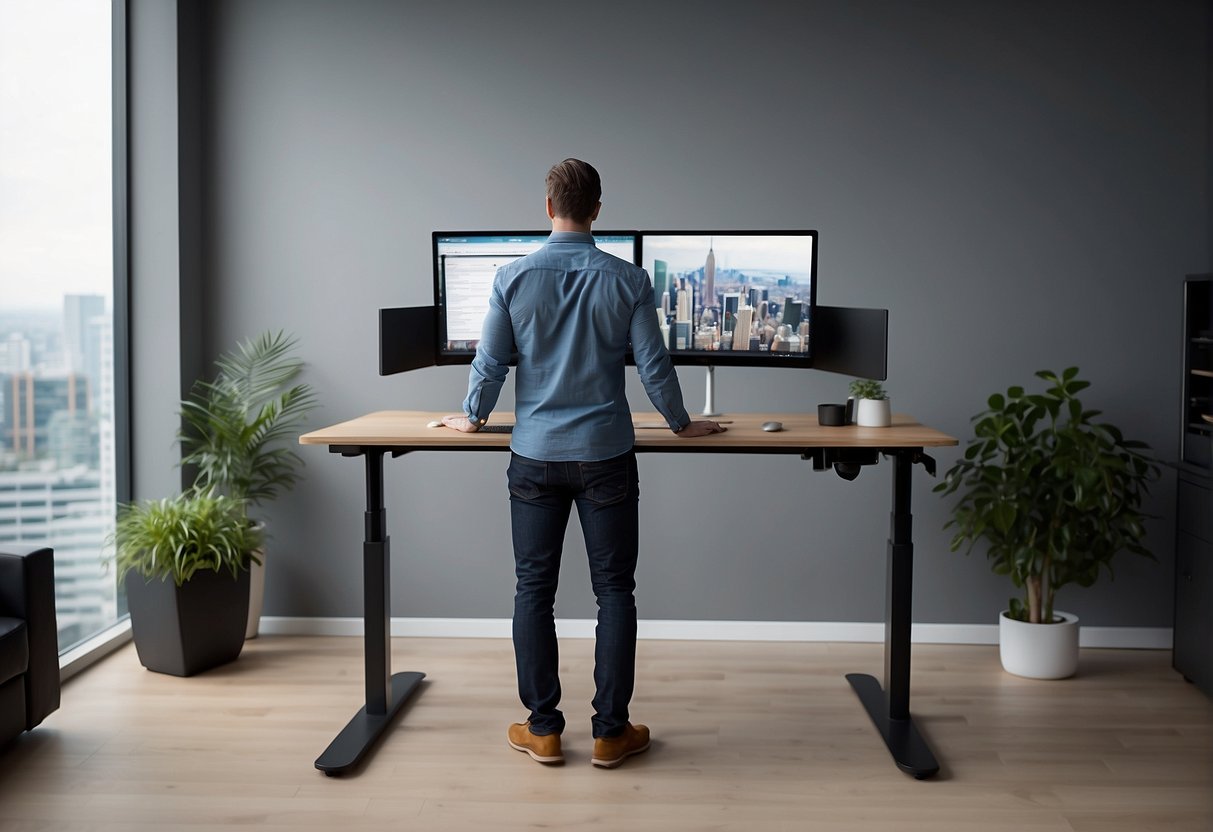 A standing desk with adjustable height, ergonomic chair, and footrest. A person standing with good posture, stretching their back