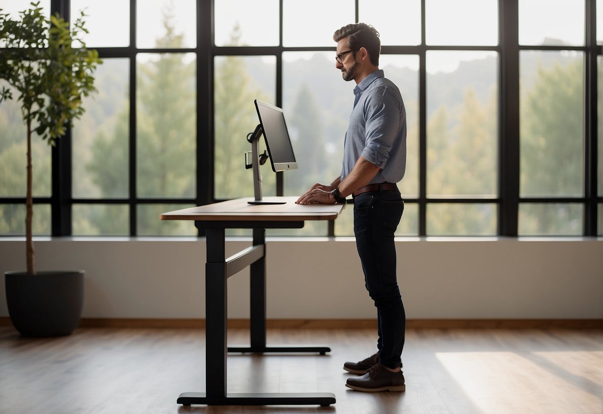 A person using a standing desk, with a straight posture and a relaxed expression, feeling relief from back pain