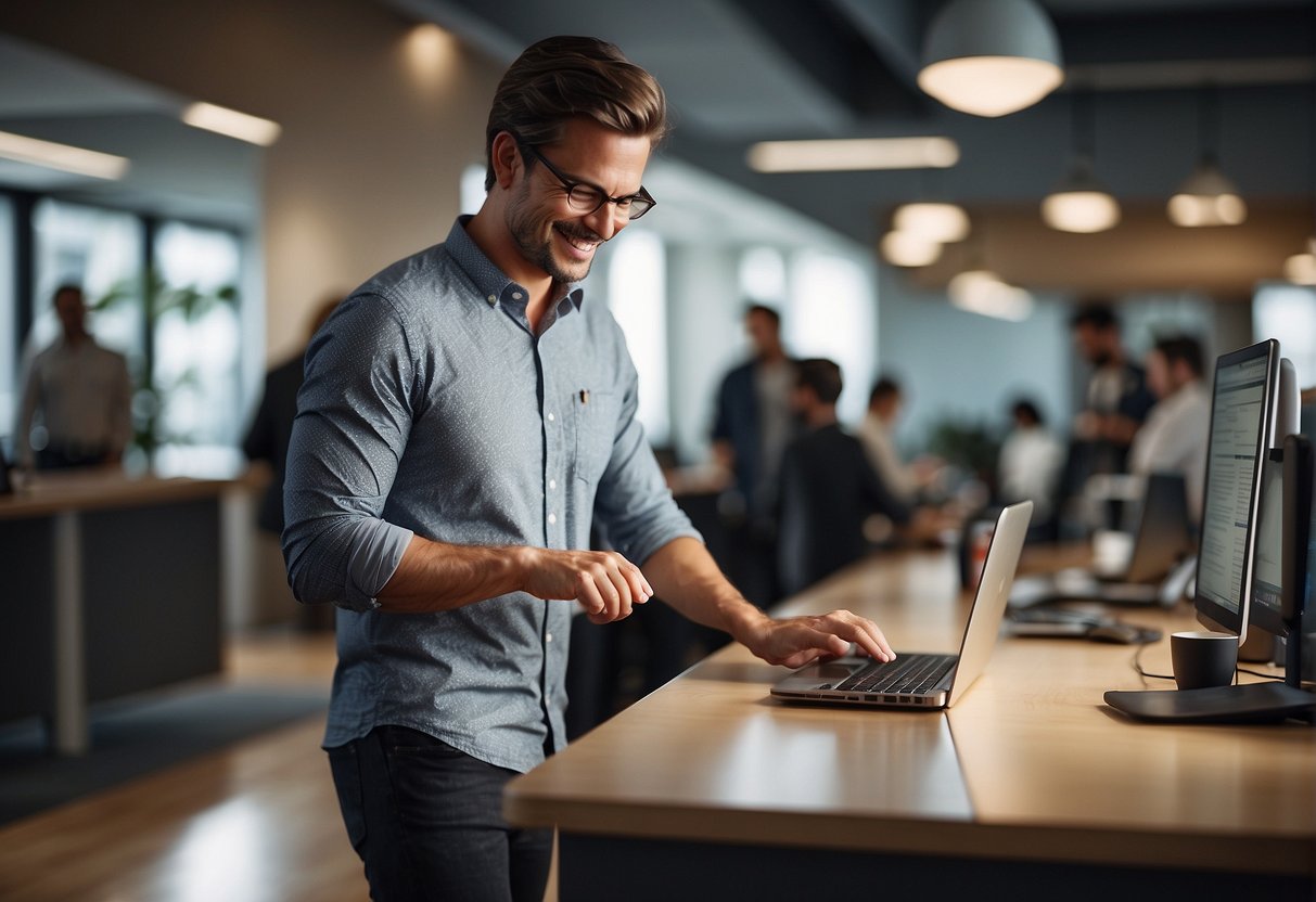 A person using a standing desk, smiling and working comfortably, with a relieved back