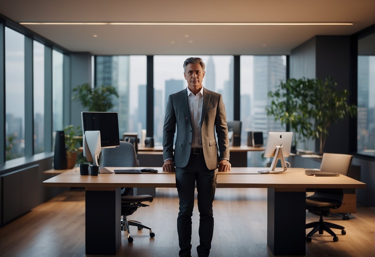 A person standing at a desk, with a straight posture and a relaxed expression, surrounded by ergonomic accessories and a comfortable workspace