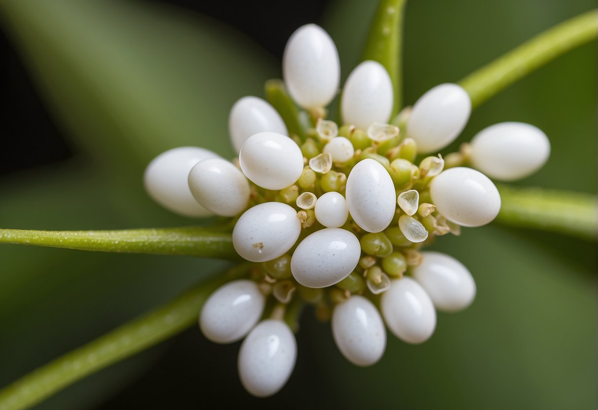 Monarch butterfly eggs are small, white, and cylindrical, resembling tiny grains of rice, laid in clusters on the underside of milkweed leaves