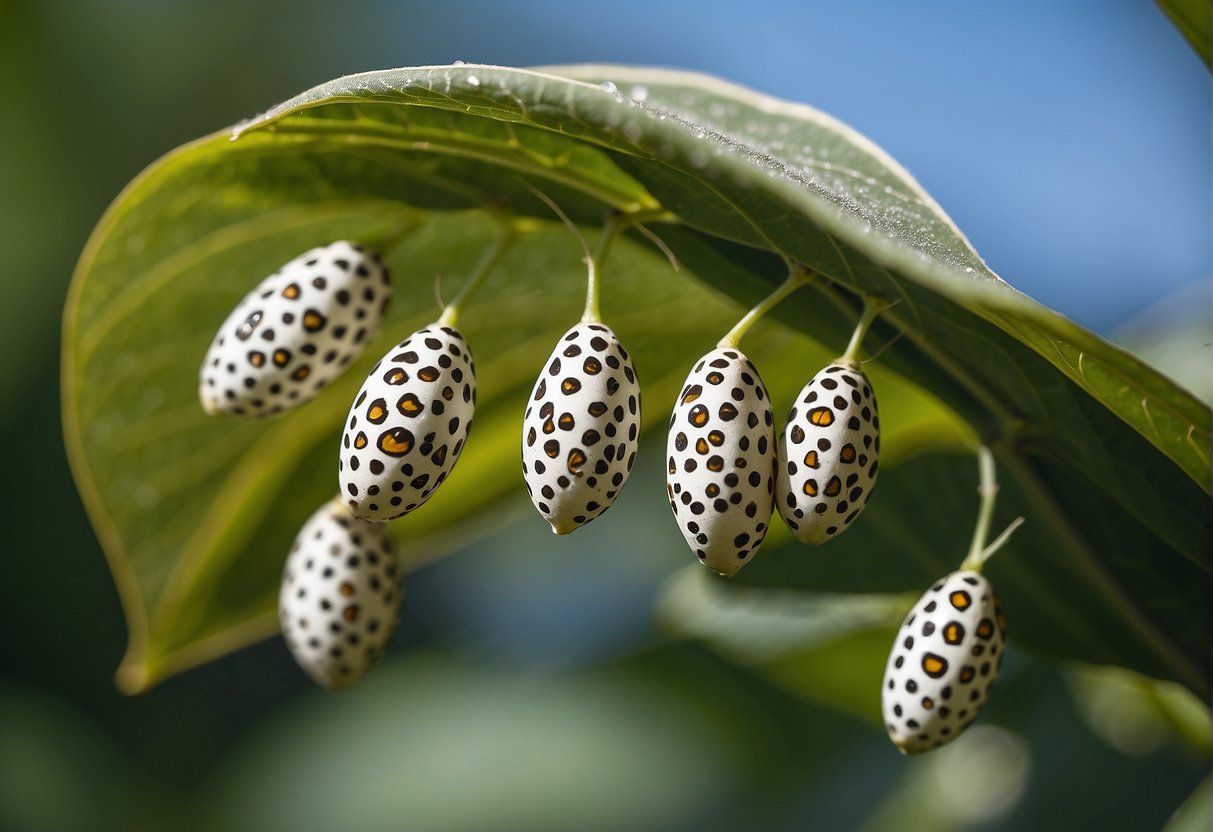 Monarch butterfly eggs are tiny, round, and pale in color, attached to the underside of milkweed leaves in clusters