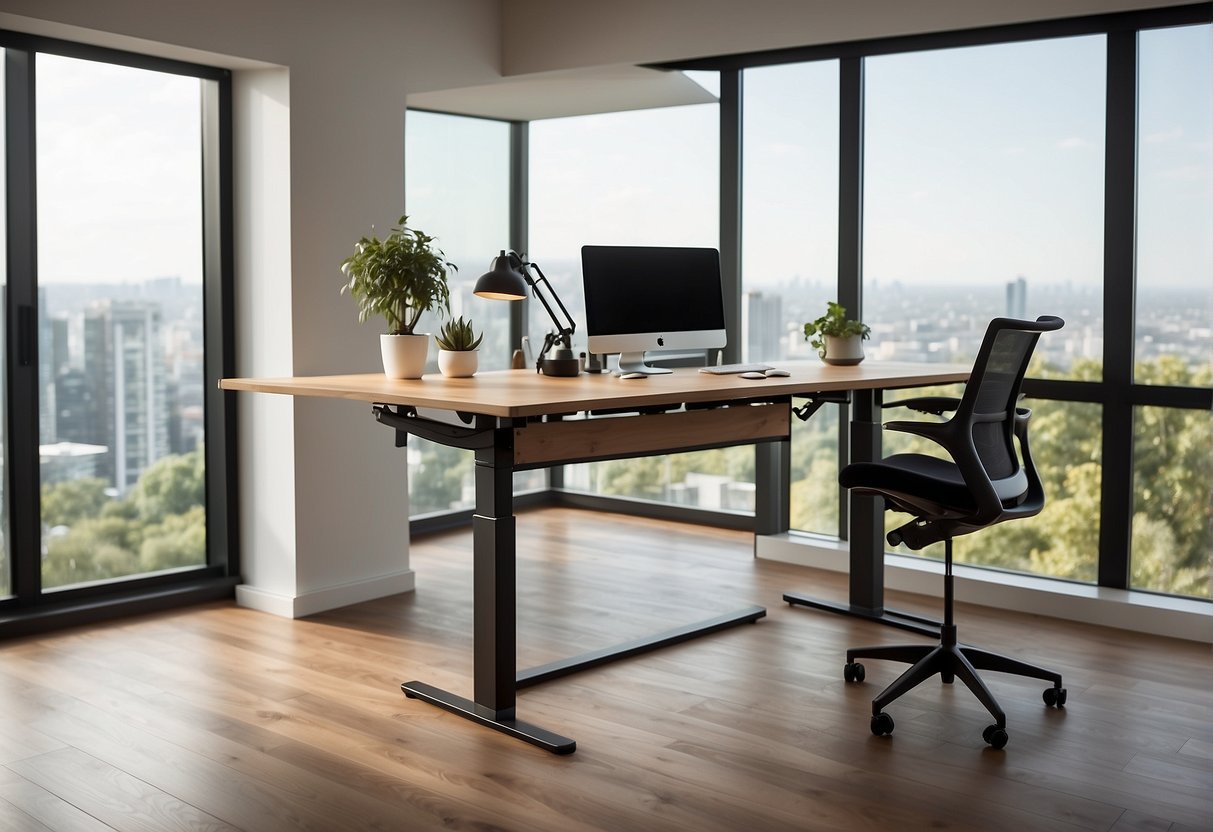 A standing desk with adjustable height settings, ergonomic design, and supportive features for back pain relief