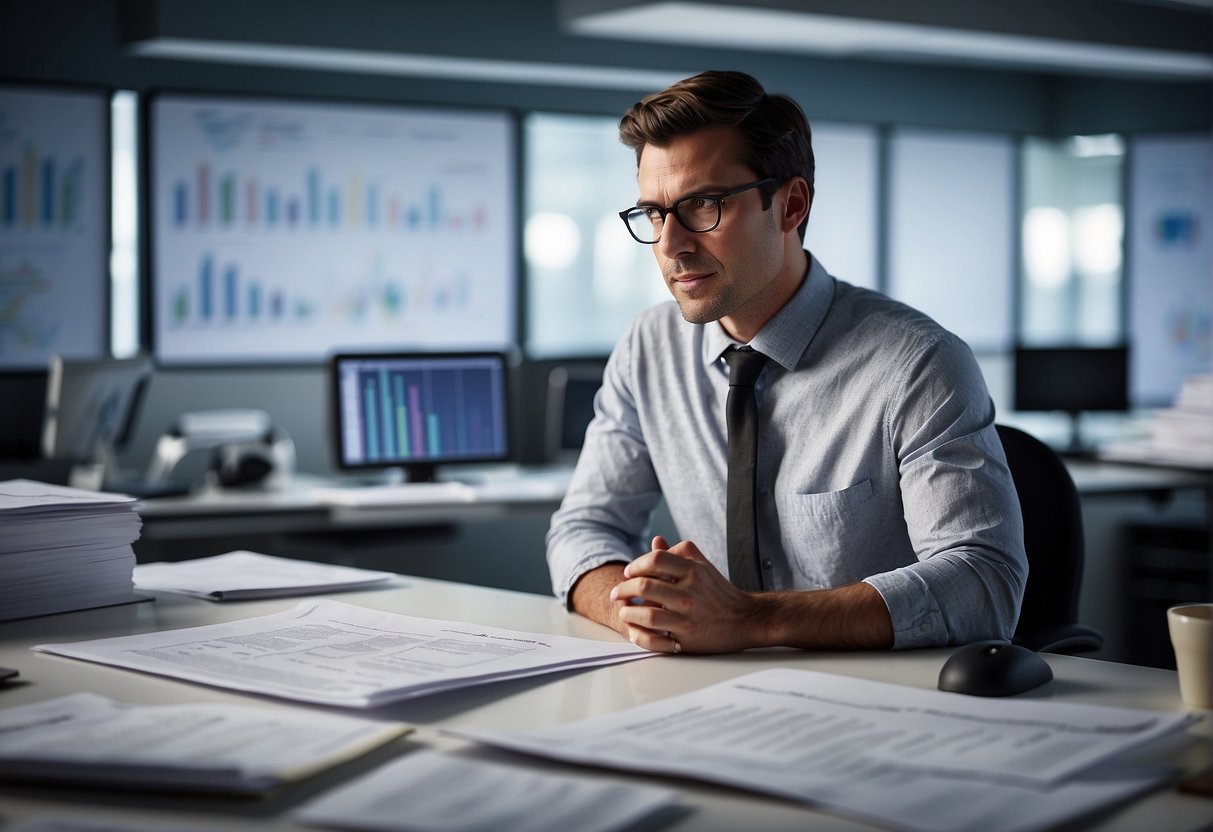 A person standing at a desk, with a relieved expression, surrounded by scientific research papers and data charts