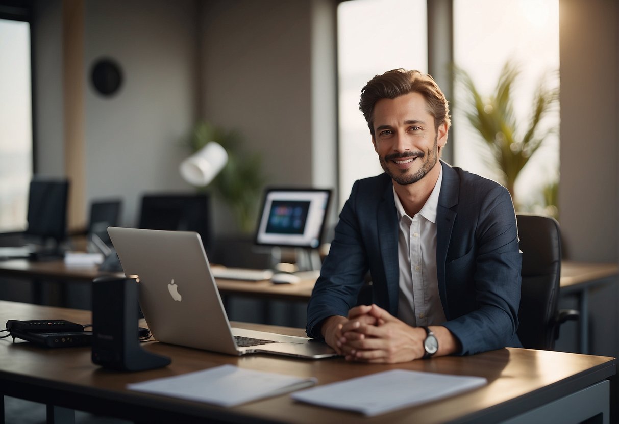 A person standing at a desk, with a relieved expression on their face, surrounded by a sense of ease and comfort