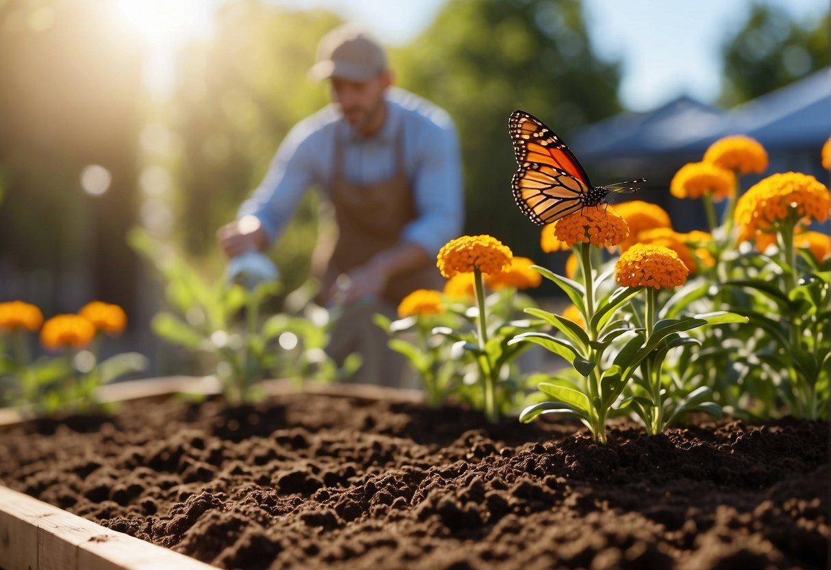 A sunny garden bed with rich soil, a gardener planting butterfly milkweed seeds or seedlings, and a clear planting schedule displayed nearby
