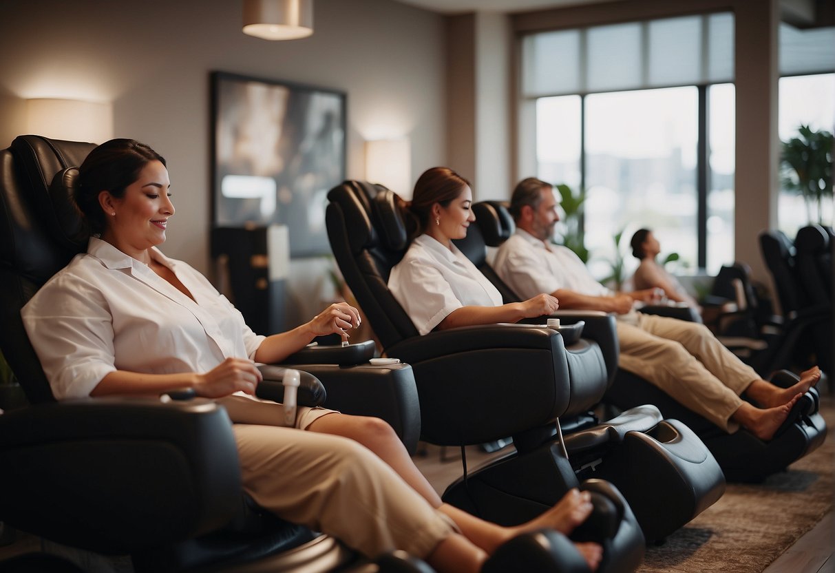 Customers sit in massage chairs, while technicians meticulously paint and shape their nails. Soft music plays in the background, creating a relaxing atmosphere