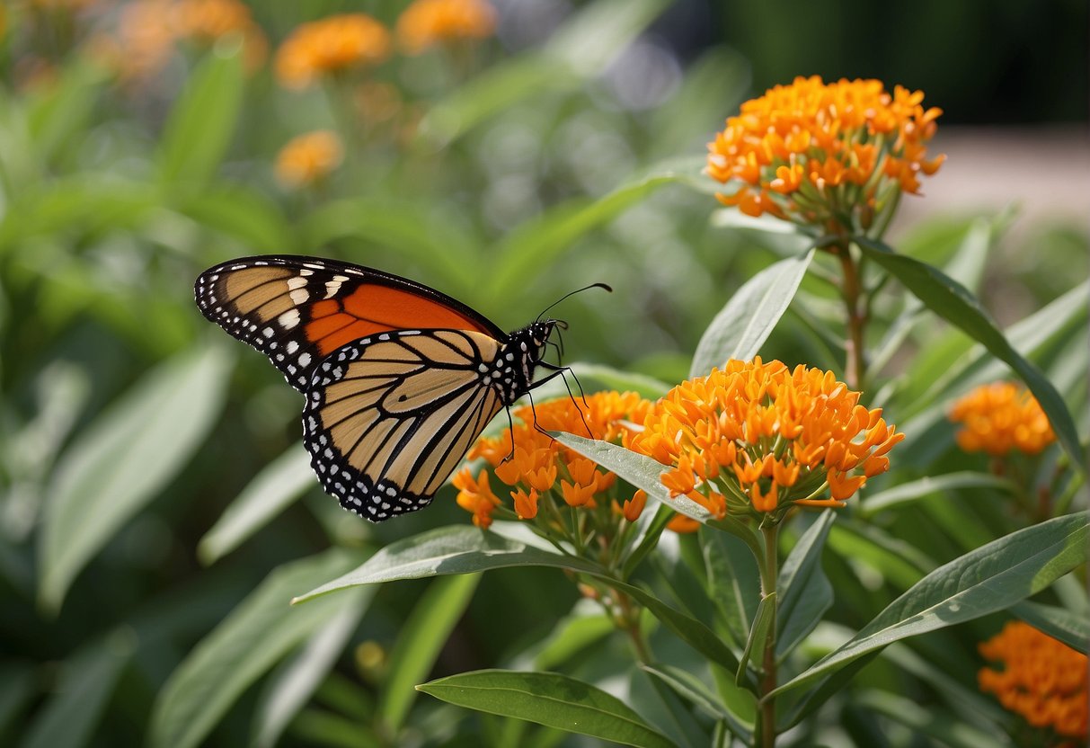 Butterfly milkweed blooms in a local garden center, surrounded by other native plants. Bright orange flowers stand out against green foliage