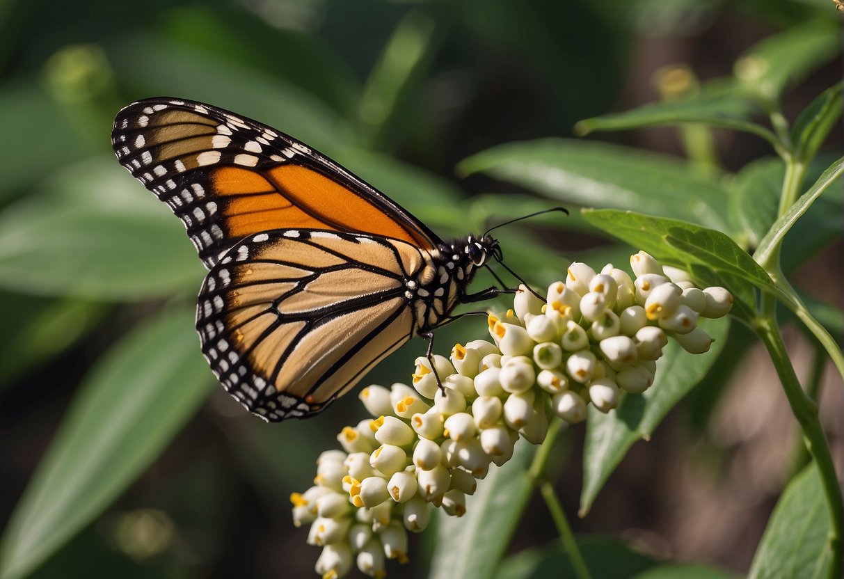 A monarch butterfly lays eggs on milkweed. The caterpillars feed on the milkweed leaves, absorbing toxins that protect them from predators
